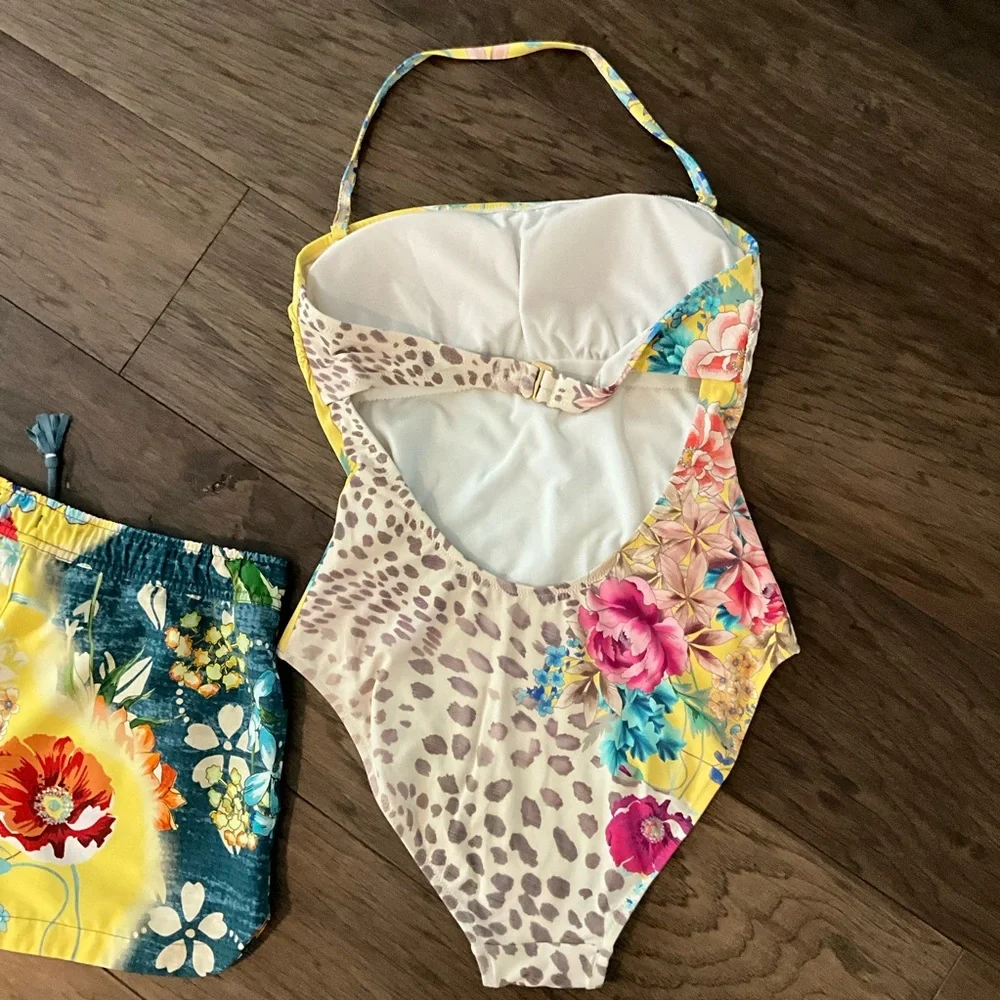 Johnny Was Floral Leopard Print Swimsuit and Shorts Set - Picture 3 of 7